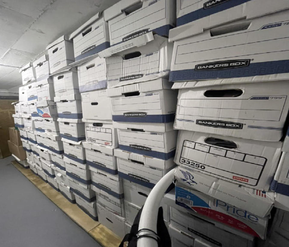 This image, contained in the indictment against former President Donald Trump, shows boxes of records in a storage room at Trump's Mar-a-Lago estate in Palm Beach, Florida, that were photographed on Nov. 12, 2021.  / Credit: Justice Department via AP