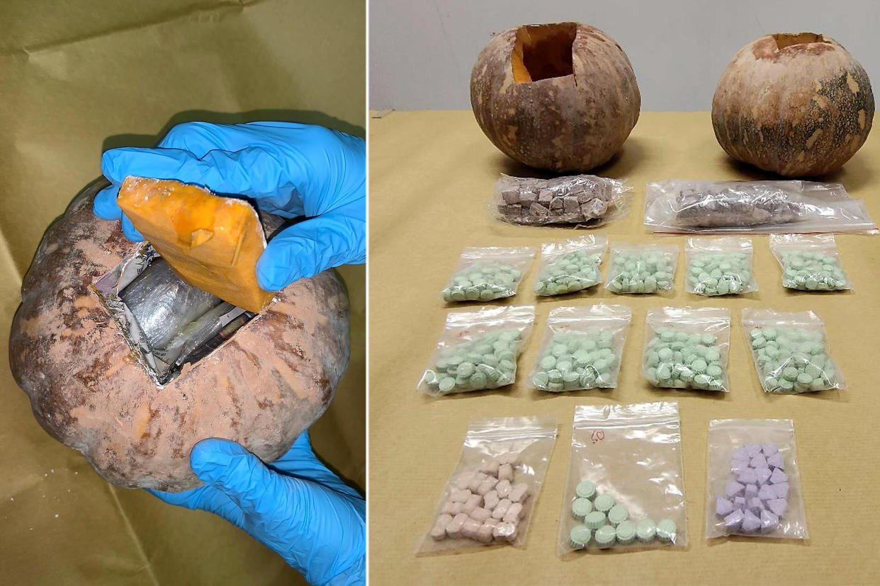 About 240g of heroin and about 500 'Ecstasy' tablets were found hidden inside two pumpkins at the suspect's residence in Clementi. (PHOTOS: CNB)