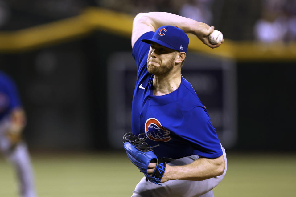 Chicago Cubs reliever Rowan Wick pitches during the ninth inning of the team's baseball game against the Arizona Diamondbacks on Saturday, May 14, 2022, in Phoenix. (AP Photo/Chris Coduto)