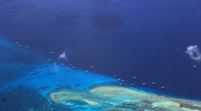 Chinese fishing vessels anchored at Fiery Cross Reef (Kagitingan) on the disputed Spratly islands