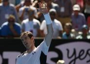 Britain's Andy Murray celebrates after winning his second round match against Australia's Sam Groth at the Australian Open tennis tournament at Melbourne Park, Australia, January 21, 2016. REUTERS/Thomas Peter