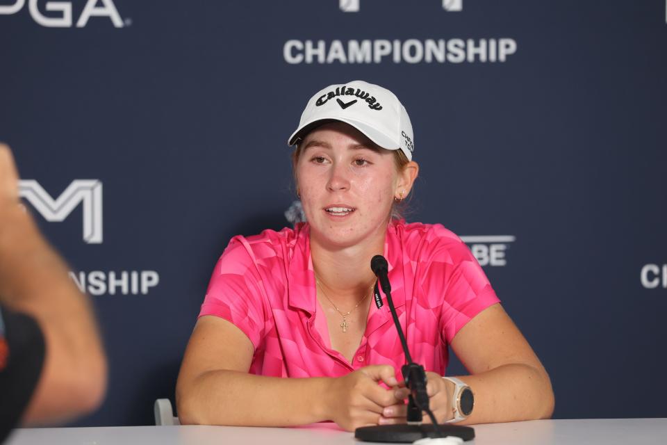 Dover High School senior Carys Fennessy takes questions from reporters after completing the second round in the LPGA's FM Global Championship at TPC Boston Friday, Aug. 30, 2024 in Norton, Massachusetts.