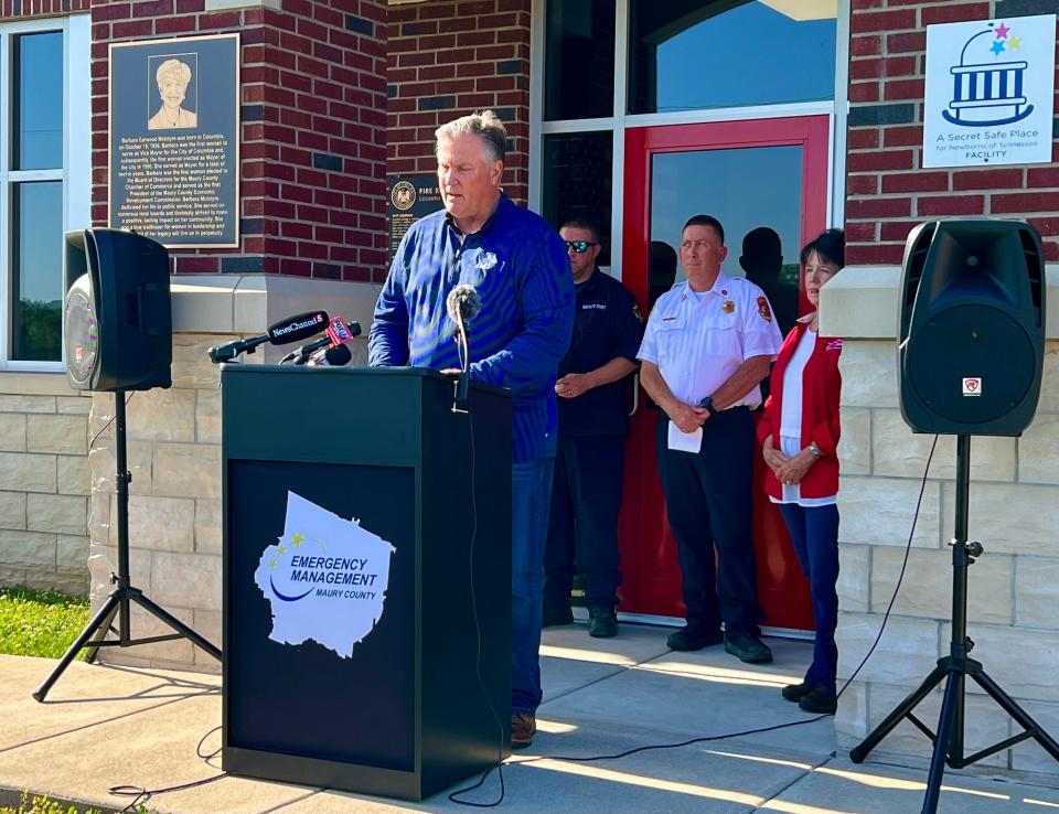 Rep. Scott Cepicky (R-Culleoka) speaks on behalf of Maury County citizens in response to the cleanup and recovery efforts from Wednesday's storms in Columbia, which caused a tornado to touch down in the Bear Creek Pike area, causing city-wide damage.