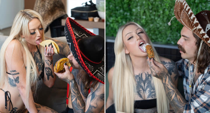 OnlyFans creator Millyonaire and adult entertainer Sanchez Rodreguez engage in erotic taco eating, and (right) more erotic food exchanges between the pair.