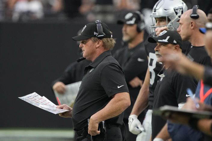 Las Vegas Raiders head coach Jon Gruden watches from the sideline during the second half of an NFL football game against the Chicago Bears, Sunday, Oct. 10, 2021, in Las Vegas. (AP Photo/Rick Scuteri)