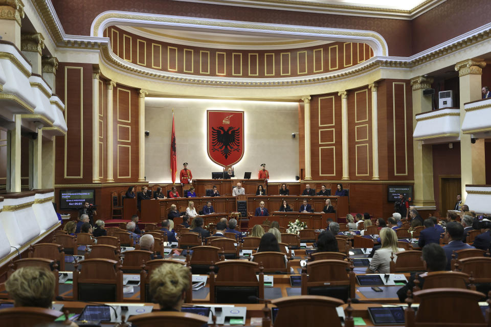 Newly appointed Albanian President Bajram Begaj delivers a speech during a swearing in ceremony at the parliament in Tirana, Sunday, July 24, 2022. Albania's new president sworn in on Sunday calling on the country's political parties to cooperate and consolidate the rule of law. (AP Photo/Franc Zhurda)