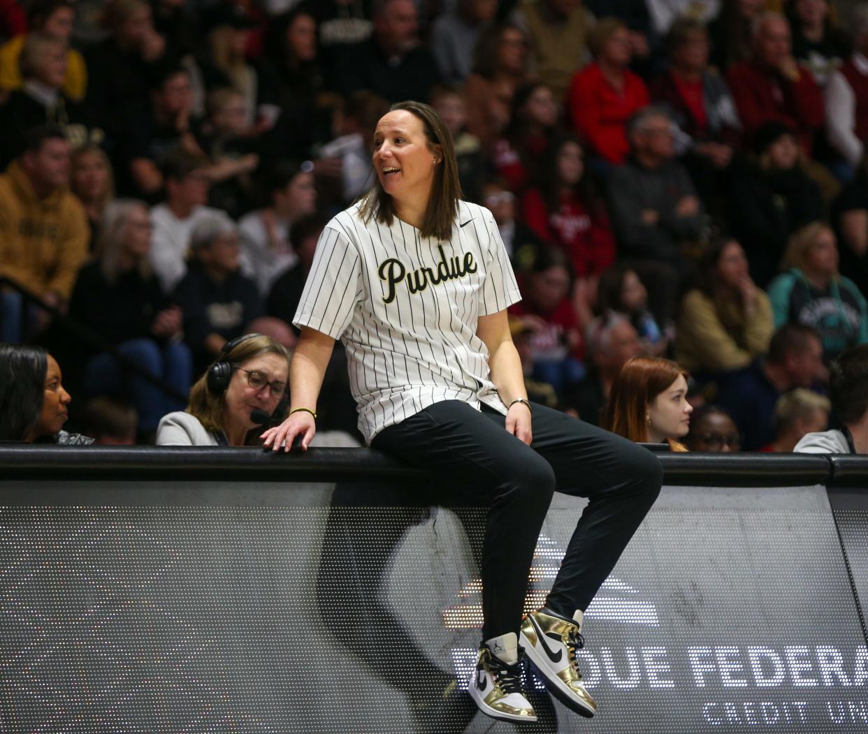 Purdue Boilermakers women’s basketball head coach Katie Gearlds watches her players during the NCAA women's basketball game against the Indiana Hoosiers, Sunday, Feb. 5, 2023, at Mackey Arena in West Lafayette, Ind. Indiana Hoosiers won 69-46.