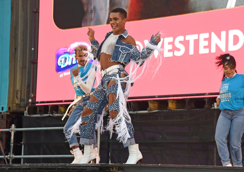 LONDON, ENGLAND - AUGUST 29:  Layton Williams performs during West End Musical Drive-In at The Drive-In, Troubadour Meridian Water, on August 29, 2020 in London, England. (Photo by David M. Benett/Dave Benett/Getty Images)