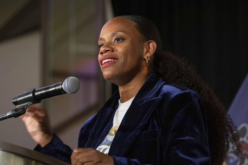 FILE - Pennsylvania state Rep. Summer Lee speaks to supporters before being endorsed by U.S. Sen. Bernie Sanders, I-Vt., as the Democratic Party nomination for the state's 12th Congressional District during a campaign stop in Pittsburgh on May 12, 2022. In Pittsburgh, Democrats were concerned about potential voter confusion because the Republican running against Lee is named Mike Doyle, the same name as the city's longtime Democratic congressman, who is retiring at the end of the year. Lee won the race and will become the first Black congresswoman from Pennsylvania. (AP Photo/Rebecca Droke, File)