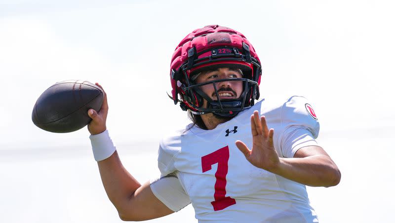 Utah quarterback Cameron Rising throws during fall practice at the Spence and Cleone Eccles Football Center in Salt Lake City on Tuesday, August 8, 2023.