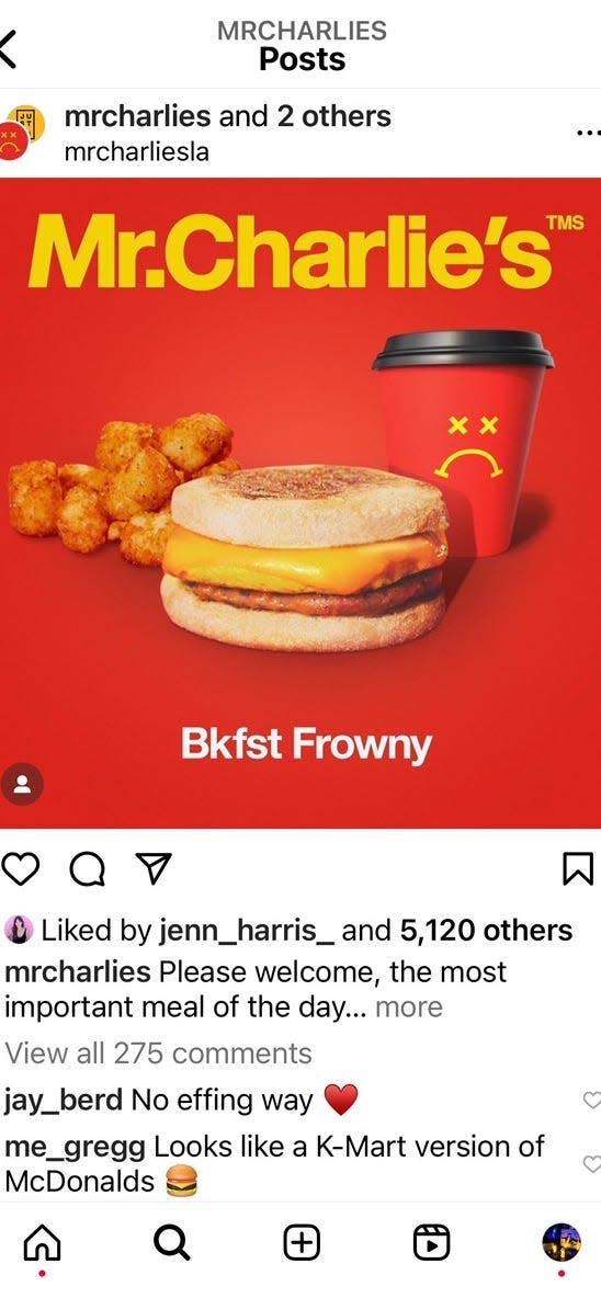 Mr.Charlie's Instagram page promotes breakfast.