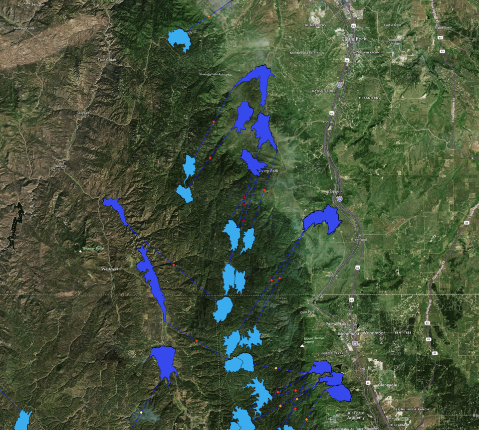 Examples from the atlas of off-river reservoirs with the potential to be paired for pumped hydro near Castle Rock, Colorado. <a href="https://doi.org/10.1016/j.joule.2020.11.015" rel="nofollow noopener" target="_blank" data-ylk="slk:Andrew Blakers;elm:context_link;itc:0;sec:content-canvas" class="link ">Andrew Blakers</a>, <a href="http://creativecommons.org/licenses/by/4.0/" rel="nofollow noopener" target="_blank" data-ylk="slk:CC BY;elm:context_link;itc:0;sec:content-canvas" class="link ">CC BY</a>