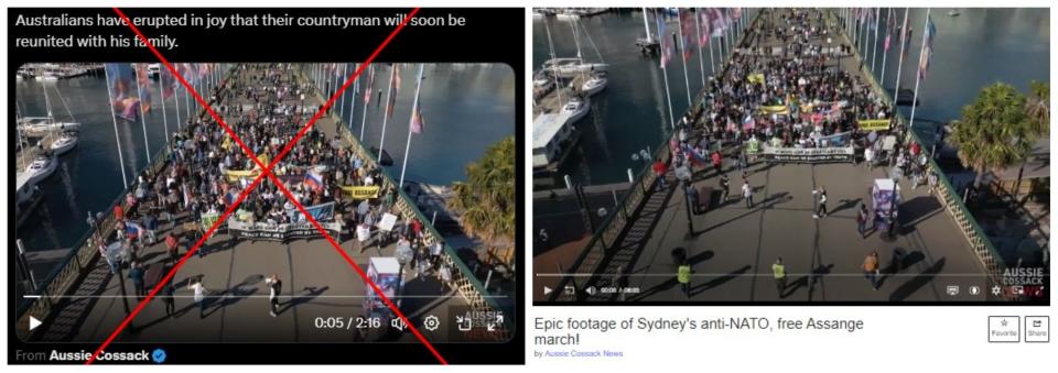 <span>Screenshot comparison of the footage used in the false post (left) and Wayback Machine's archived page (right)</span>