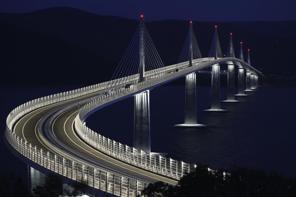 A general view of the newly built Peljesac Bridge in Komarna, southern Croatia, Monday, July 25, 2022. Croatia is marking the opening of a key and long-awaited bridge connecting two parts of the country's Adriatic Sea coastline while bypassing a small part of Bosnia's territory. (AP Photo)