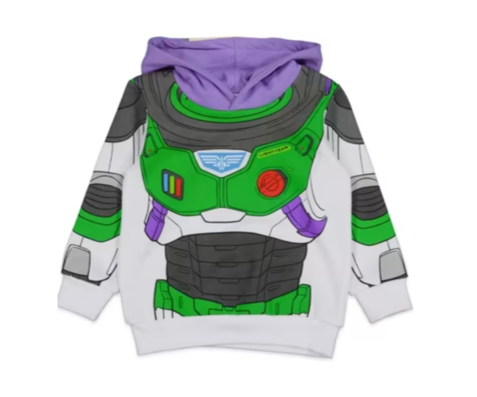 A buzz lightyear themed hoodie in green, purple, white and grey with red details on a white background.