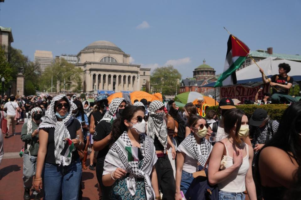 Anti-Israel protesters marching at Columbia University’s campus on April 29, 2024. James Keivom