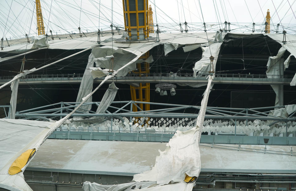 Damage to the roof of the O2 Arena (known as the Millennium Dome when it opened in 2000), in south east London, caused by Storm Eunice. Picture date: Friday February 18, 2022.