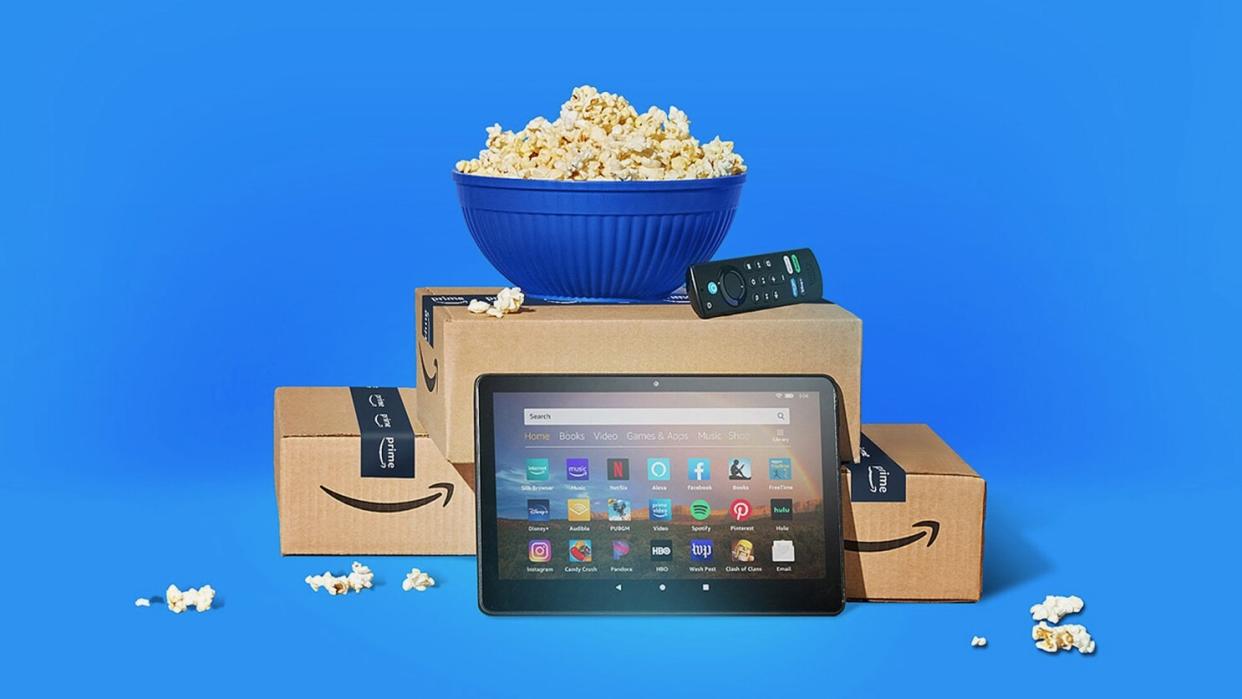  Amazon sales image: a Fire HD tablet in front of Amazon boxes and a bowl of popcorn. 