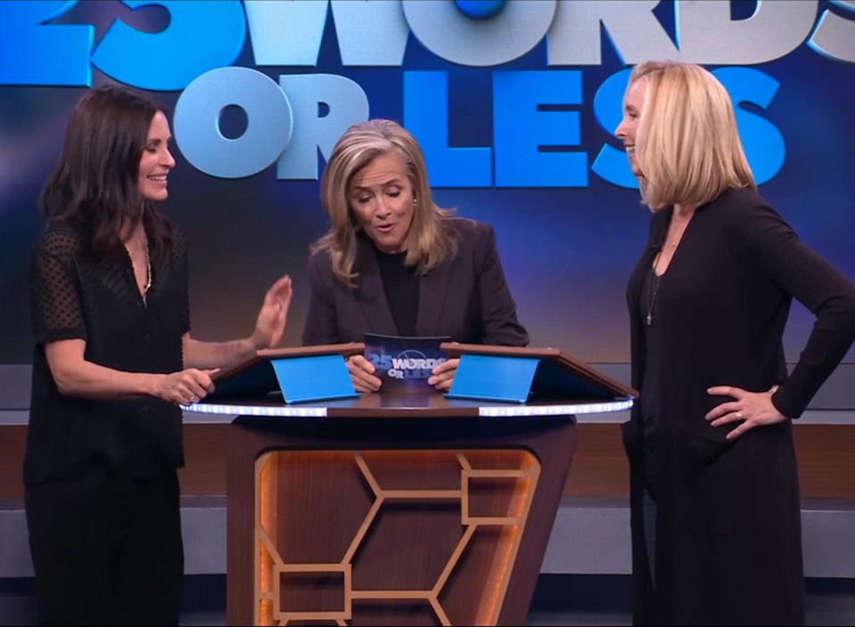 Monica's competitive spirit showed up when Cox and Kudrow appeared on the game show <em>25 Words or Less</em>. Cox was confident she could get her teammates to guess the answers in 14 words or less -- and <a href="https://www.youtube.com/watch?v=MlikUSaJJzs" rel="nofollow noopener" target="_blank" data-ylk="slk:came awfully close;elm:context_link;itc:0;sec:content-canvas" class="link ">came awfully close</a>.