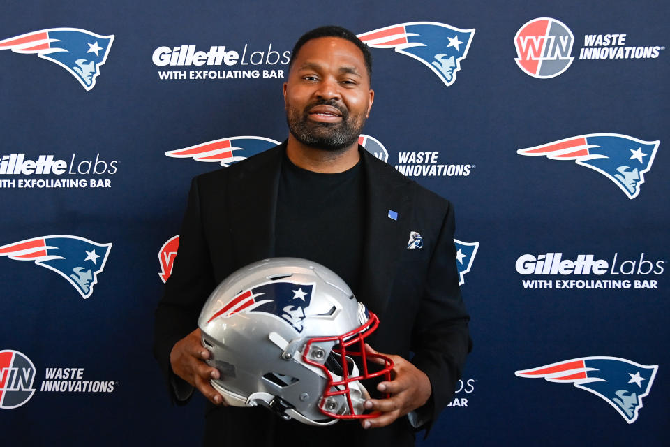 Jan 17, 2024; Foxborough, MA, USA; New England Patriots head coach Jerod Mayo poses for a photo at a press conference held at Gillette Stadium to announce his hiring as head coach. Mandatory Credit: Eric Canha-USA TODAY Sports