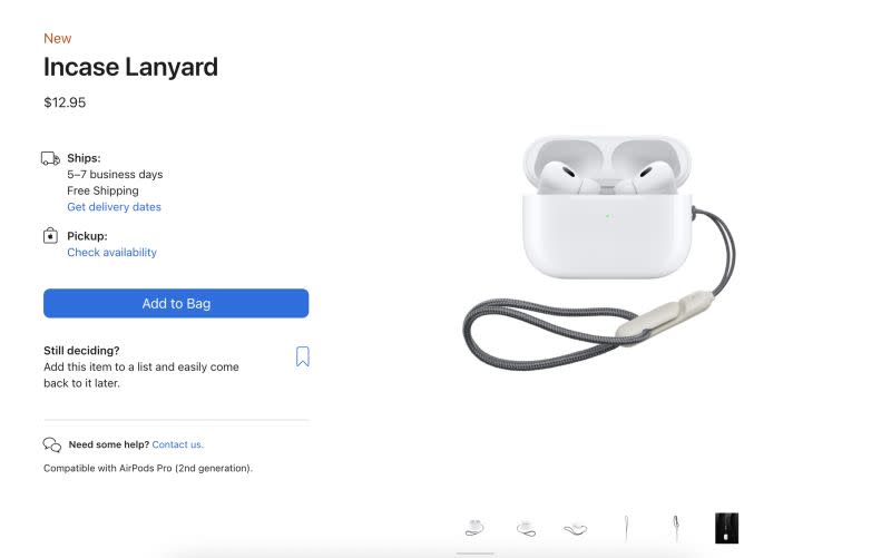 ▲蘋果公司在美國官網悄悄上架專屬AirPods 2的Incase外殼掛繩，一條要價12.95美元（新台幣約400元）。（圖／翻攝自美國蘋果官網）