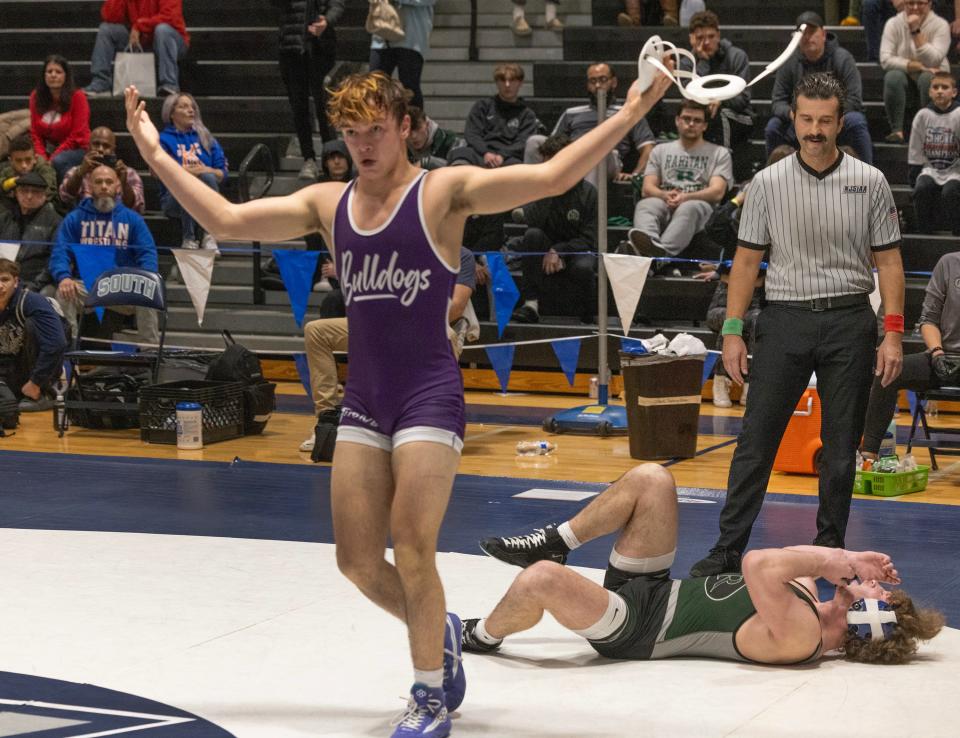 144: Sonny Amato (Rumson-Fair Haven) d. Zach Reilley (Raritan) 5-2. at the Shore Conference Wrestling Championships in Middletown, NJ on January 6, 2024