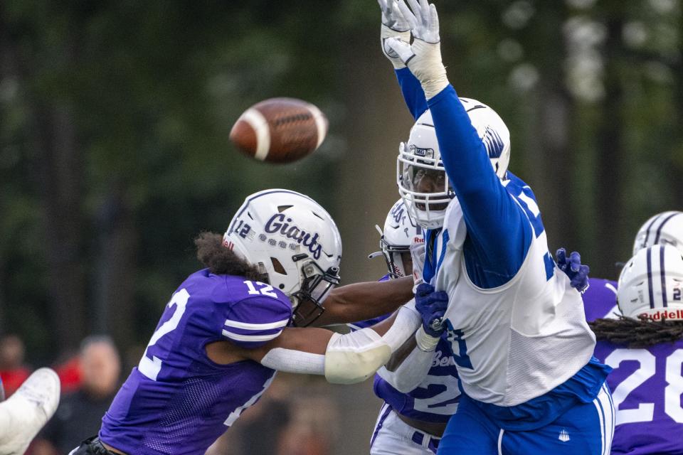 IMG Academy High School senior David Stone (90) attempts to block a punt during the first half of an IHSAA varsity football game against Ben Davis High School, Friday, Sept. 8, 2023, at Ben Davis High School.