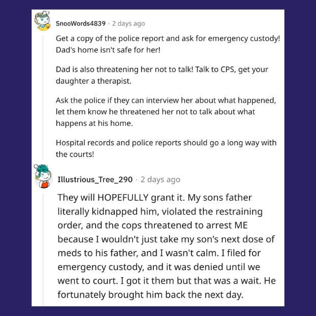 comments on mom's story of struggling to protect her child during her visitation and custody battle