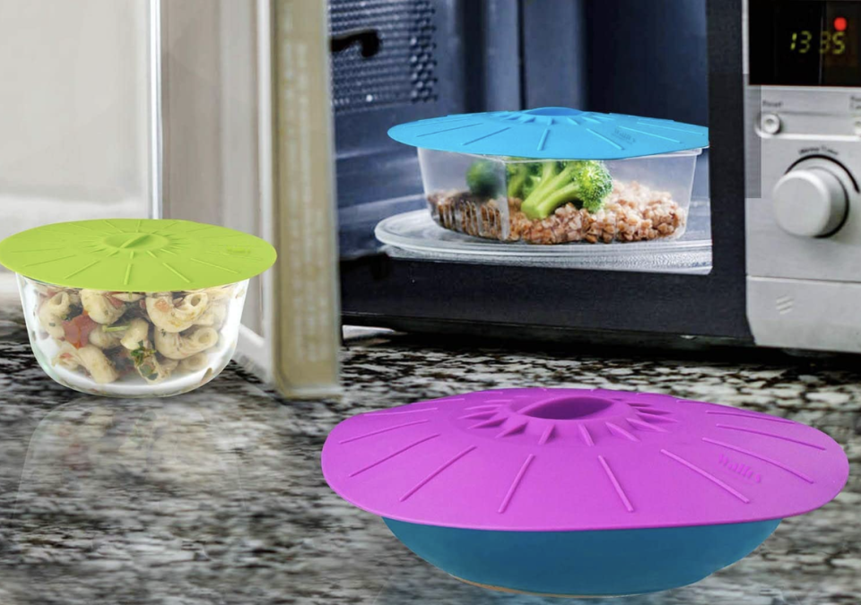 Bowls and plates with microwavable silicone lids atop