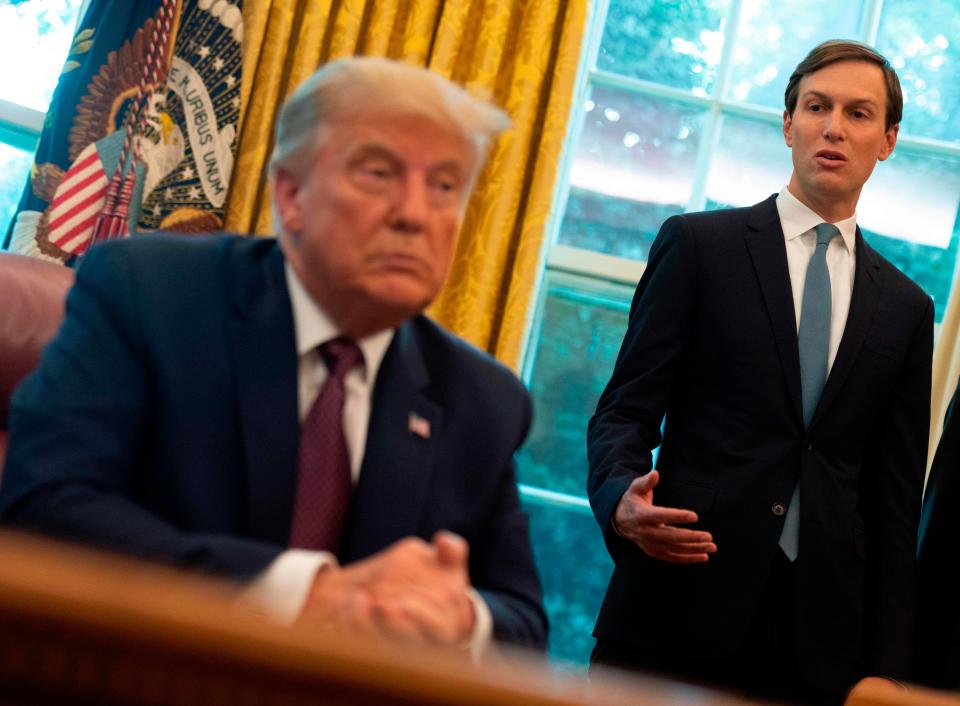 (FILES) In this file photo taken on September 11, 2020 US President Donald Trump listens to Senior Advisor to the President Jared Kushner (AFP via Getty Images)