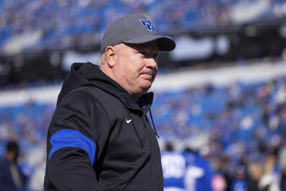 FILE - Kentucky head coach Mark Stoops waits for his senior players to come out during Kentucky's senior day celebration before an NCAA college football game against New Mexico State in Lexington, Ky., Saturday, Nov. 20, 2021. Miami (Ohio) plays against Kentucky on Saturday, Sept. 3, 2022. (AP Photo/Michael Clubb, File)