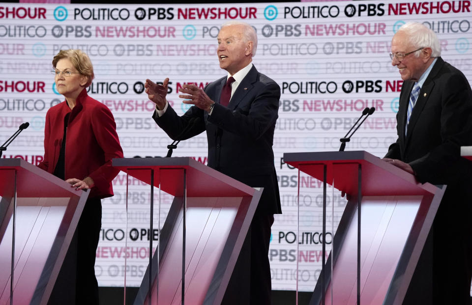 Former Vice President Joe Biden would likely welcome a fight between Vermont Sen. Bernie Sanders and Massachusetts Sen. Elizabeth Warren at Tuesday night&rsquo;s debate in Des Moines, Iowa. (Photo: Mike Blake / Reuters)