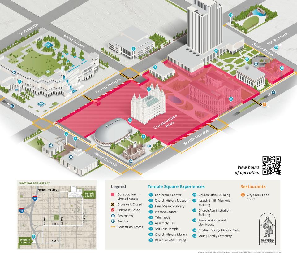 A map showing where Christmas lights on Temple Square will be available for viewing beginning Nov. 24, 2023. | The Church of Jesus Christ of Latter-day Saints