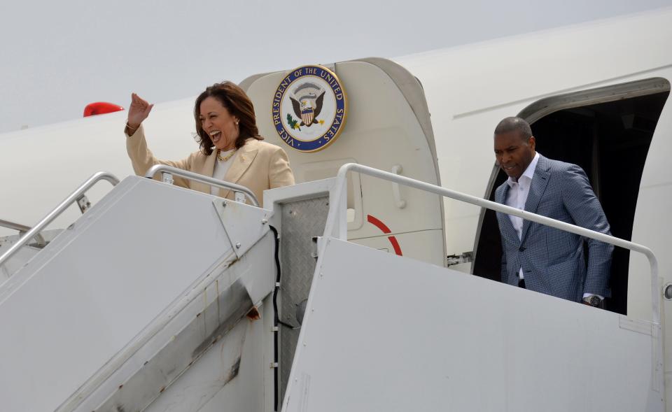 Vice President Kamala Harris waves to the group of officials that gathered for her arrival at Air Station Cape Cod. 
Vice President Kamala Harris arrived at Air Station Cape Cod Saturday, July 20, 2024. Air Force Two landed shortly before 1 p.m. at the Coast Guard air station. She was greeted by a group of officials before getting into a vehicle for a caravan to Provincetown. Harris attended a fundraiser at the Pilgrim Monument Saturday afternoon. 
Merrily Cassidy/Cape Cod Times