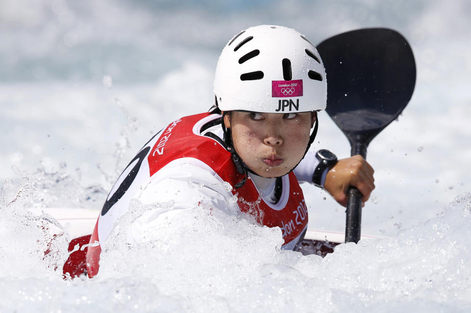 Japan's Moe Kaifuchi competes in the women's kayak (K1) heats at Lee Valley White Water Centre during the London 2012 Olympic Games July 30, 2012. REUTERS/Paul Hanna (BRITAIN - Tags: SPORT OLYMPICS SPORT CANOEING) 