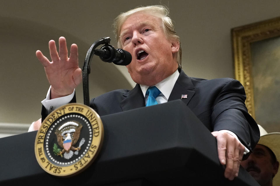 WASHINGTON, DC - MAY 23: U.S. President Donald Trump delivers remarks in support of farmers and ranchers in the Roosevelt Room at the White House May 23, 2019 in Washington, DC. As the U.S.-China trade war continues to hurt American farmers with tariffs on everything from peanut butter to soybeans and orange juice, the federal government announced Thursday it will give an additional $16 billion bailout to those most affected. (Photo by Chip Somodevilla/Getty Images)