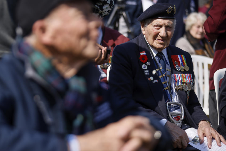 World War II veteran Britain's Mervyn Kersch, who served with the 17 Vehicle Company RAOC and landed on Gold beach as part of Operation Overlord, attends a ceremony at the Pegasus Bridge memorial in Benouville, Normandy, Monday June 5, 2023. Dozens of World War II veterans have traveled to Normandy this week to mark the 79th anniversary of D-Day, the decisive but deadly assault that led to the liberation of France and Western Europe from Nazi control. (AP Photo/Thomas Padilla)