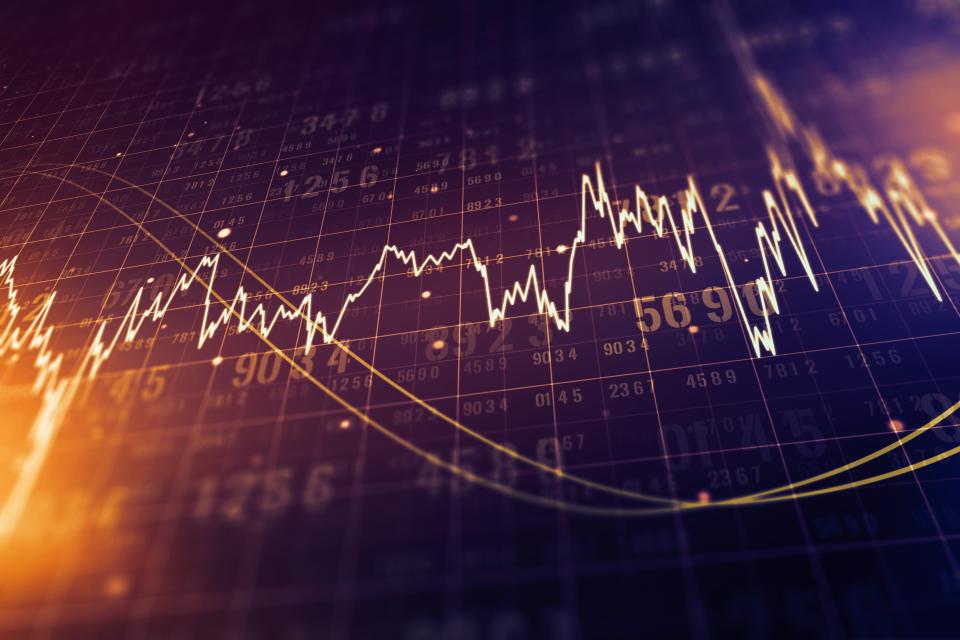 Macro view of a screen of trading terminal with abstract financial graph and digits. Trading and forex concept. 3D Rendering