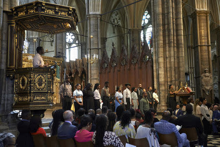 Performers from the HEbE Foundation charity perform during a Service of Thanksgiving to mark the 70th anniversary of the landing of the Windrush, at Westminster Abbey, London, Britain, June 22, 2018. Niklas Halle'n/Pool via REUTERS