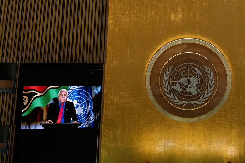 FILE PHOTO: Vanuatu's Prime Minister Bob Loughman remotely addresses the 76th Session of the U.N. General Assembly by pre-recorded video in New York City