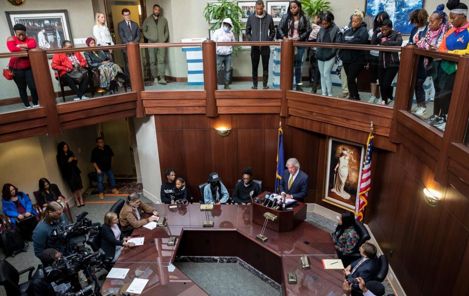 Geoffrey Fieger speaks in front of members of the media and family members of Porter Burks during a news conference inside Fieger Law in Southfield on Oct. 6, 2022.