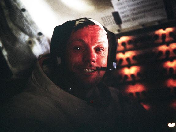 Astronaut Neil A. Armstrong, Apollo 11 Commander, inside the Lunar Module as it rests on the lunar surface after completion of his historic moonwalk in July 1969.