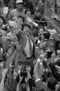 FILE - In this April 4, 1983 file photo, North Carolina State coach Jim Valvano holds the net aloft after his team defeated Houston 54-52 for the national championship at the Final Four NCAA college basketball tournament in Albuquerque, N.M. (AP Photo/Leonard Ignelzi, File)