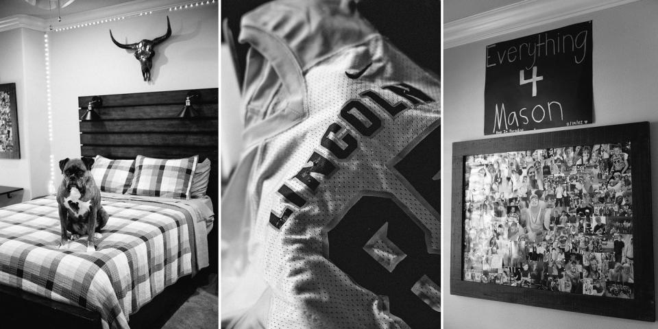 A triptych showing the family dog Rylee on Mason's bed; a football that was among Mason's favorite  items and a memory board in Mason's room. (Micah McCoy for NBC News)