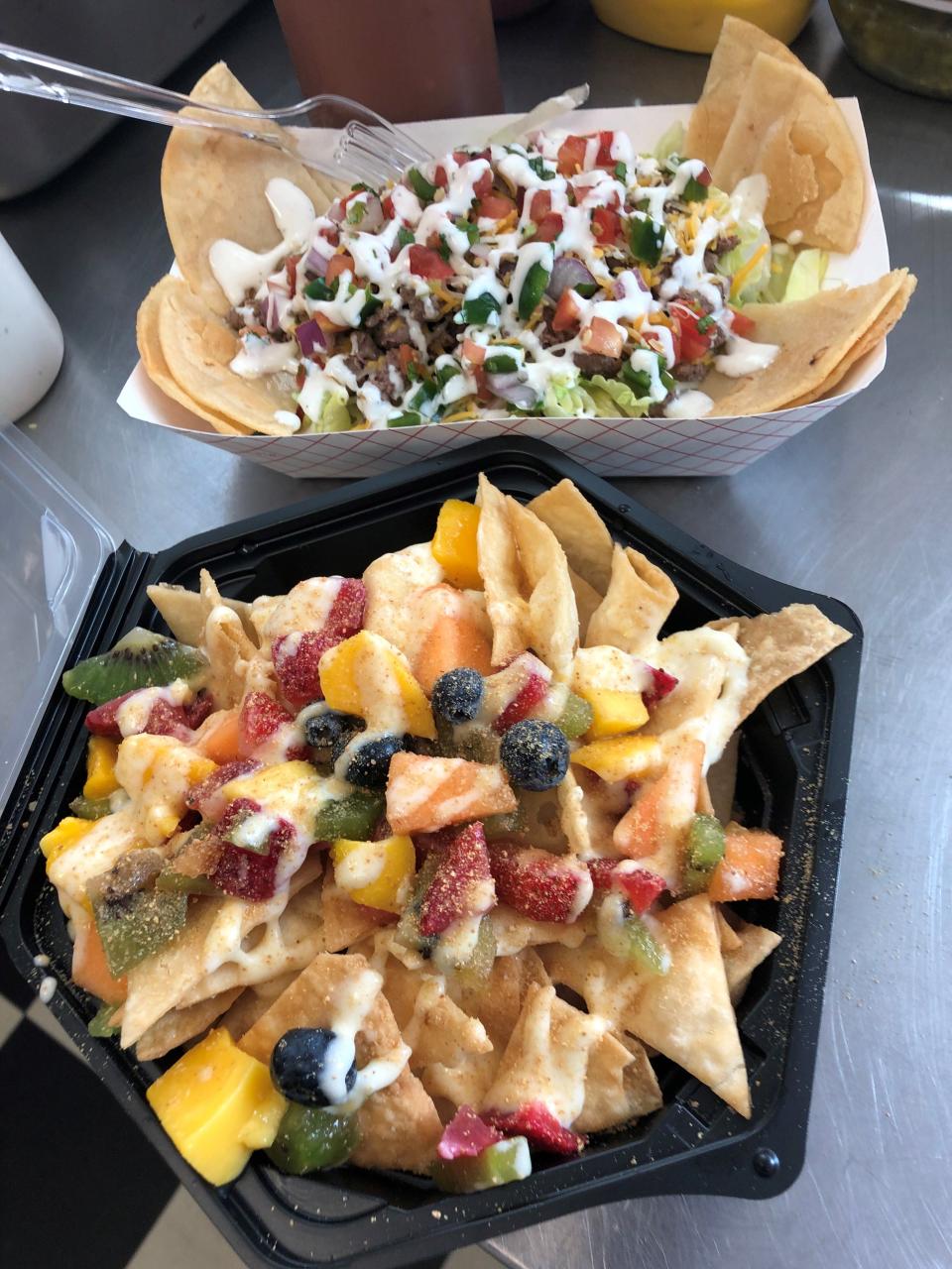 Nachos and fruit nachos offered by Krazy Concessions