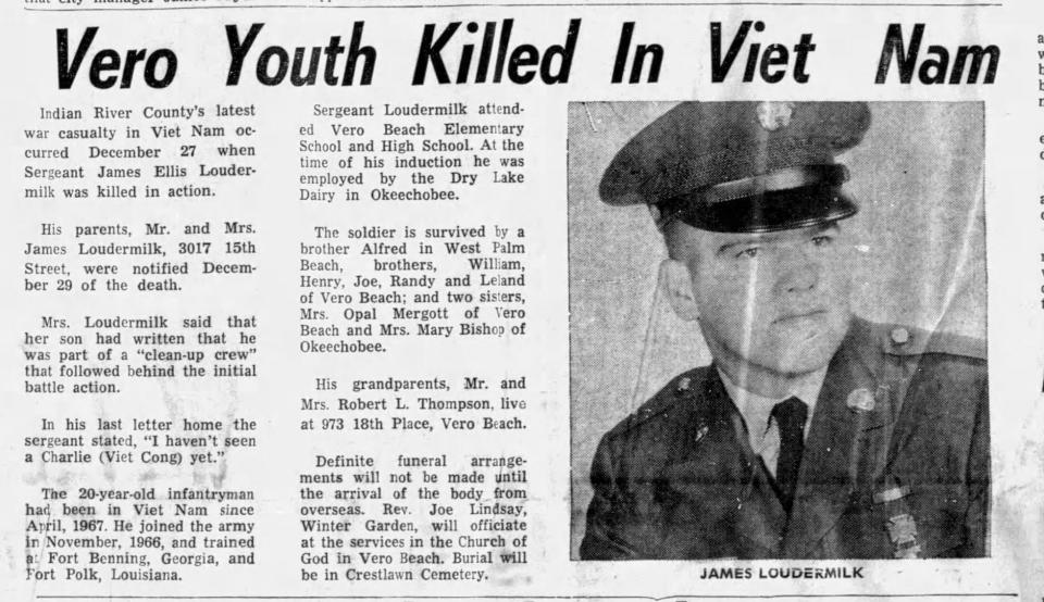 The Jan. 4, 1968, Press Journal announced the death of James Loudermilk in Vietnam.