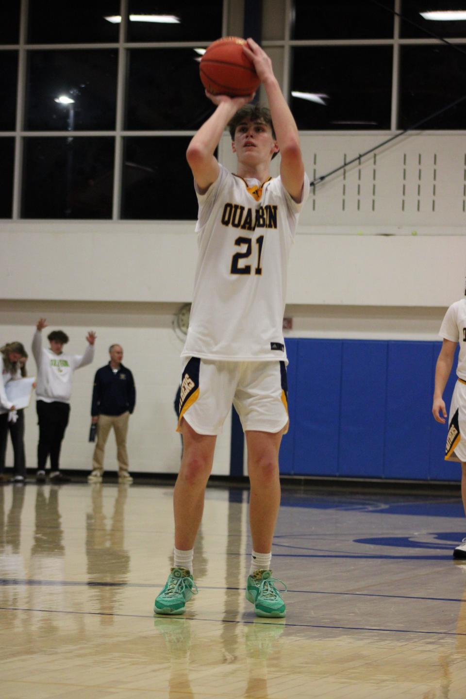 Quabbin's Quinn Geary shoots a free throw in the Panthers' game against Tyngsboro on February 2, 2024.