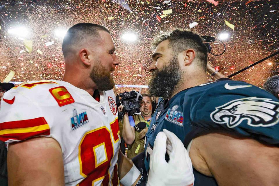 John Angelillo/UPI/Shutterstock Travis Kelce and Jason Kelce celebrate on the field