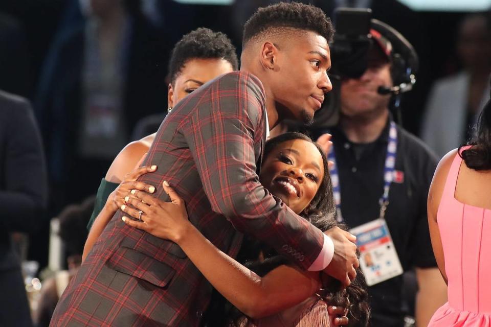 Brandon Miller reacts after being selected second by the Charlotte Hornets in the first round of the NBA Draft on Thursday night at Barclays Arena in New York. Wendell Cruz/USA Today Sports