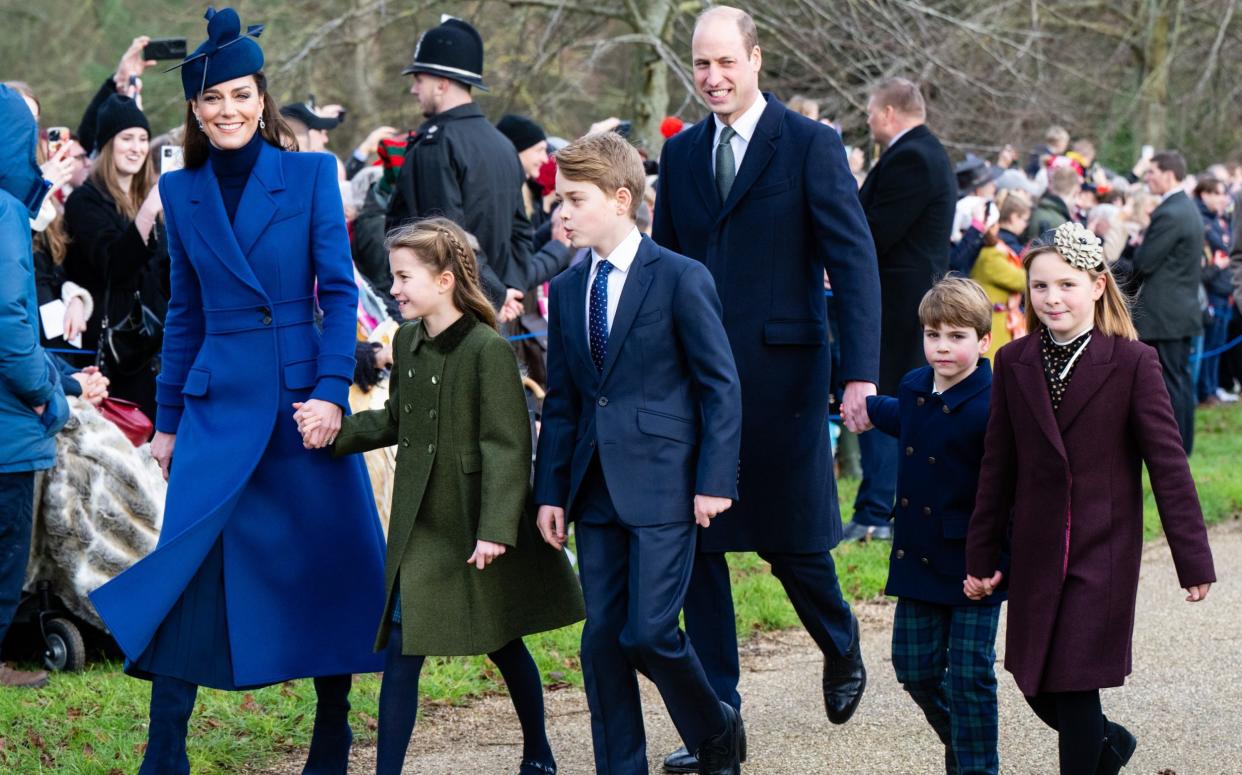 Catherine, Princess of Wales, Princess Charlotte of Wales, Prince George of Wales, Prince William, Prince of Wales, Prince Louis of Wales and Mia Tindall attend the Christmas Morning Service at Sandringham